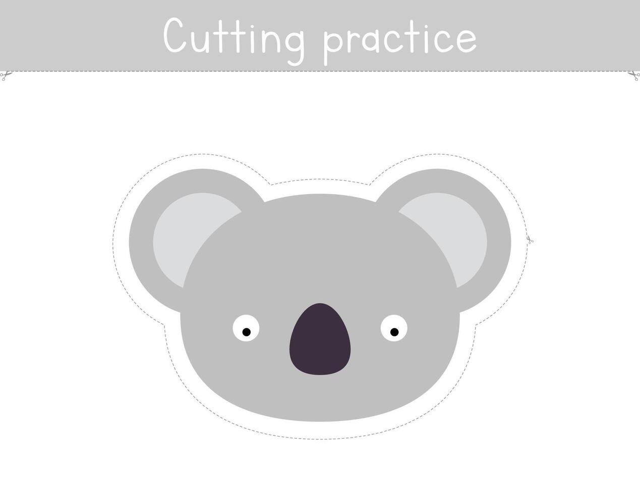 Cutting practice for kids worksheet. Educational game for children. Scissor skills activity for school and homeschool. Cute koala vector