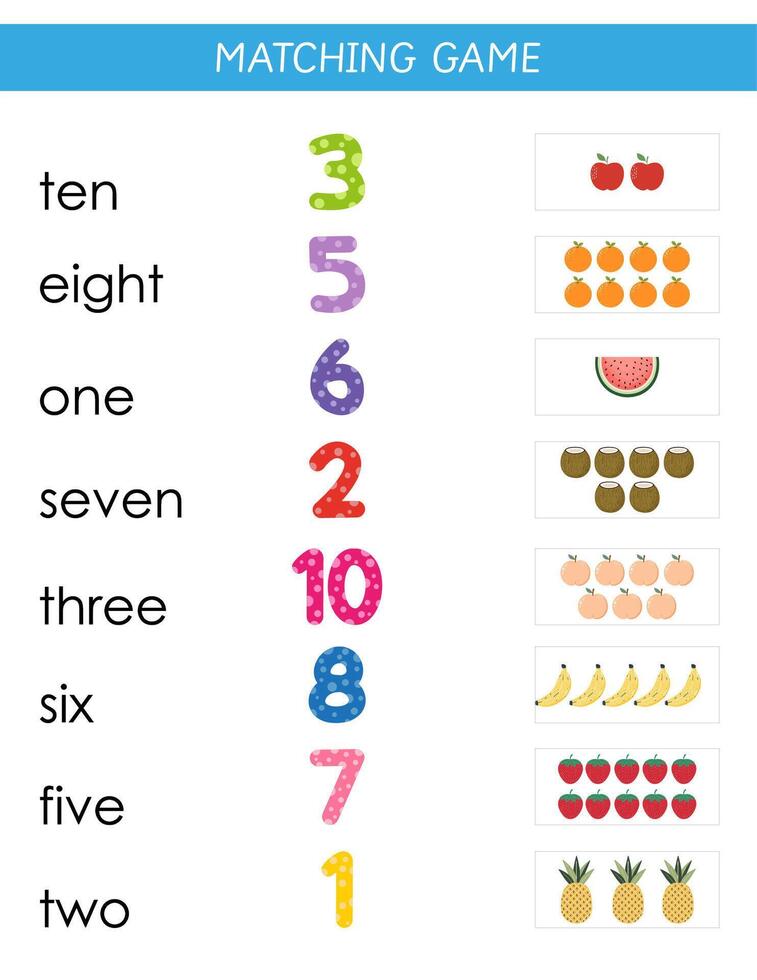 Number matching game. Count and match worksheet for preschool kids. Educational game. Math activity. Counting practice vector
