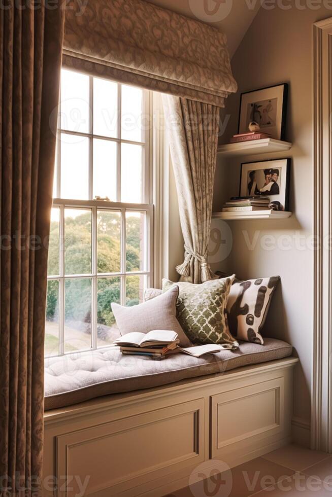 AI generated Window seat, interior design and comfort at home, reading nook with bookshelves and cushions, home decor in a country house, English cottage style, generative ai photo