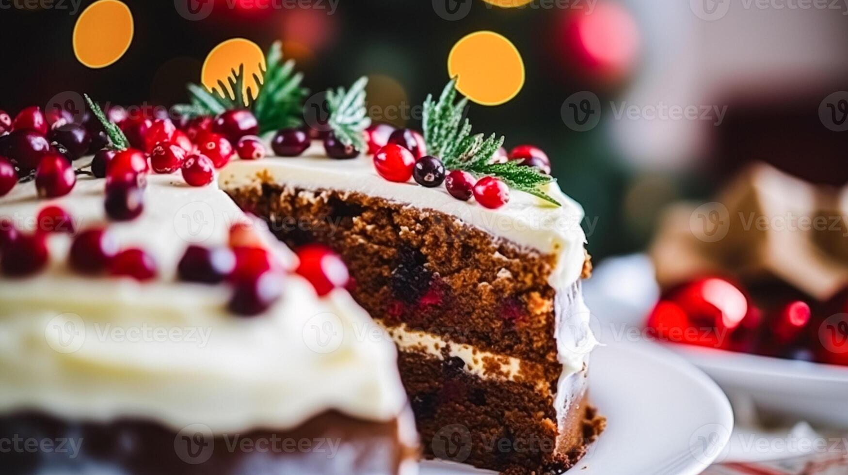 AI generated Christmas cake, holiday recipe and home baking, pudding with creamy icing for cosy winter holidays tea in the English country cottage, homemade food and cooking photo