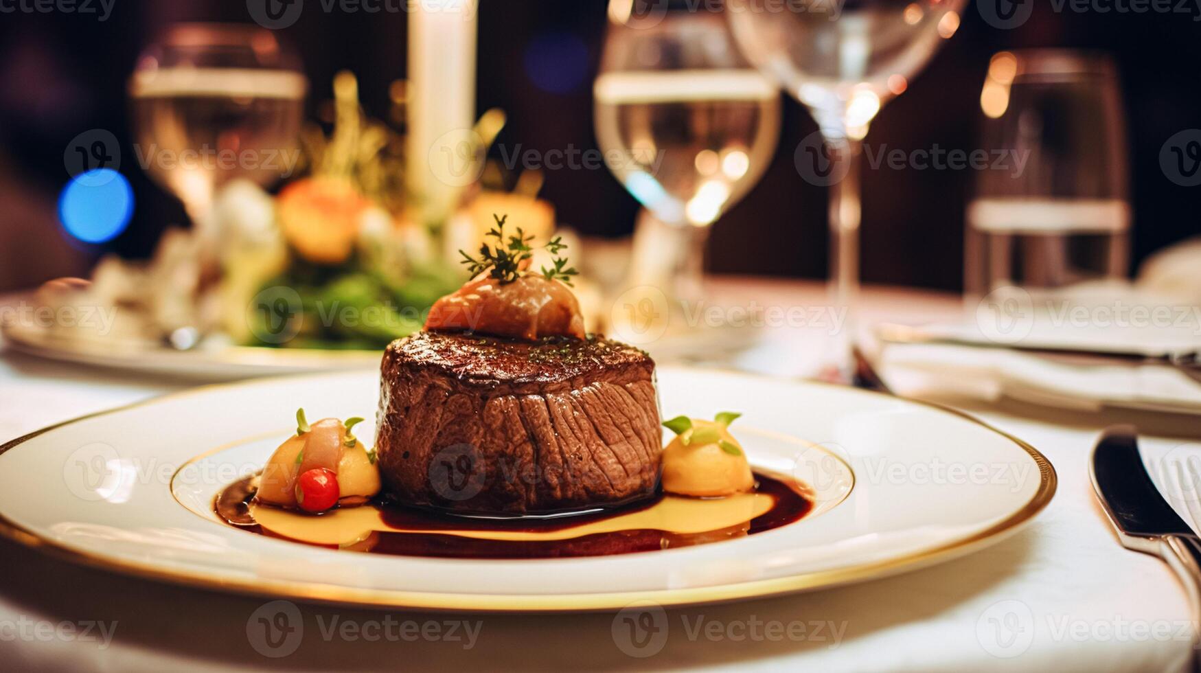 AI generated Exquisite main course meal at a luxury restaurant, wedding food catering and English cuisine photo