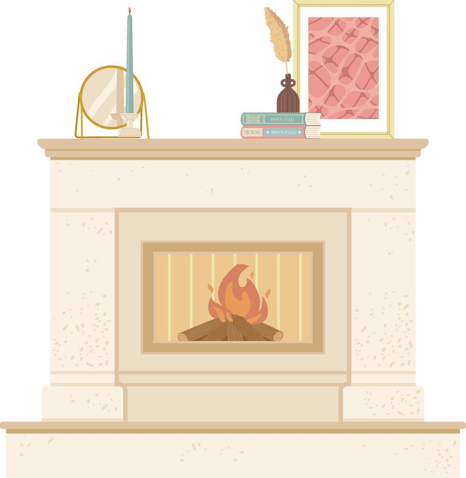 Cozy hygge fireplace element with decor. Burning wood. vector