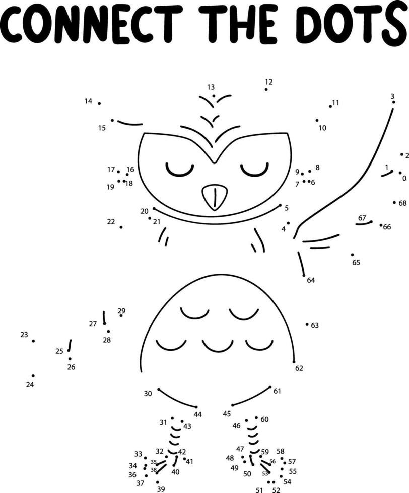 Connect the dots game. Owl printable worksheet for kids. Can be used as children coloring book. vector