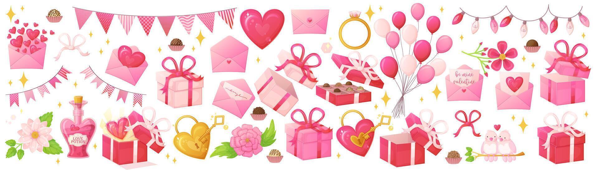 Pink Valentine day objects set. Romantic decoration symbols in realistic cartoon style. vector