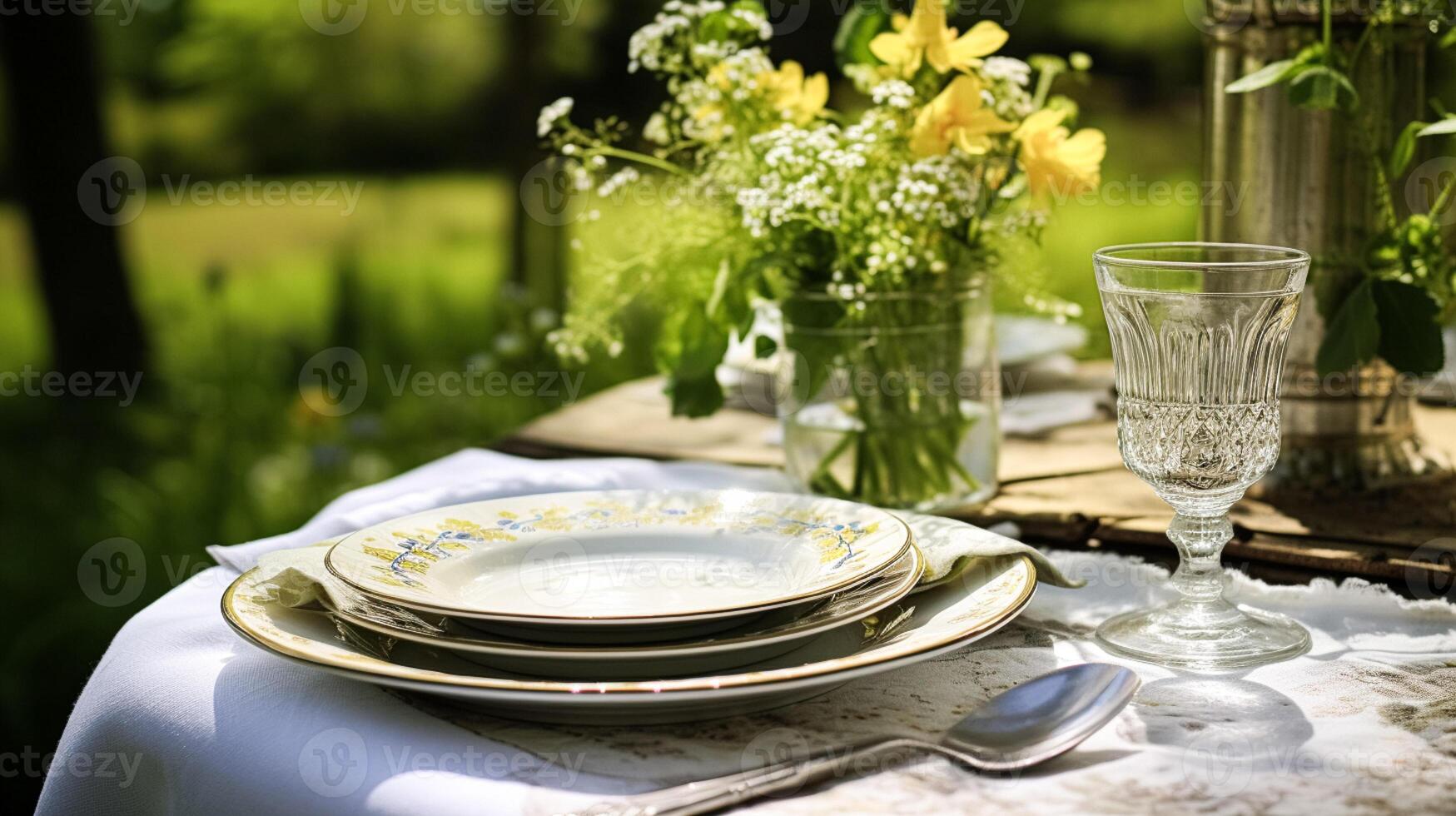 AI generated Table decor, holiday tablescape and dinner table setting in countryside garden, formal event decoration for wedding, family celebration, English country and home styling photo