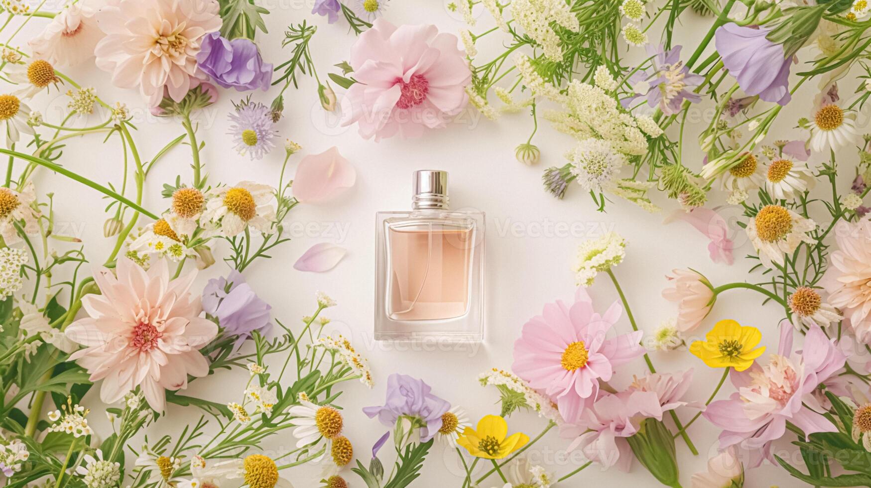 AI generated Perfume bottle in flowers, fragrance on blooming background, floral scent and cosmetic product photo