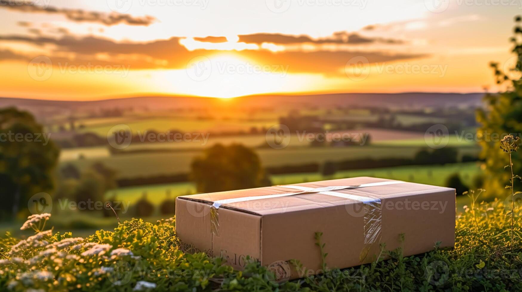 AI generated Postal service, home delivery and online shopping, parcel box in the countryside on a sunny day, generative ai photo