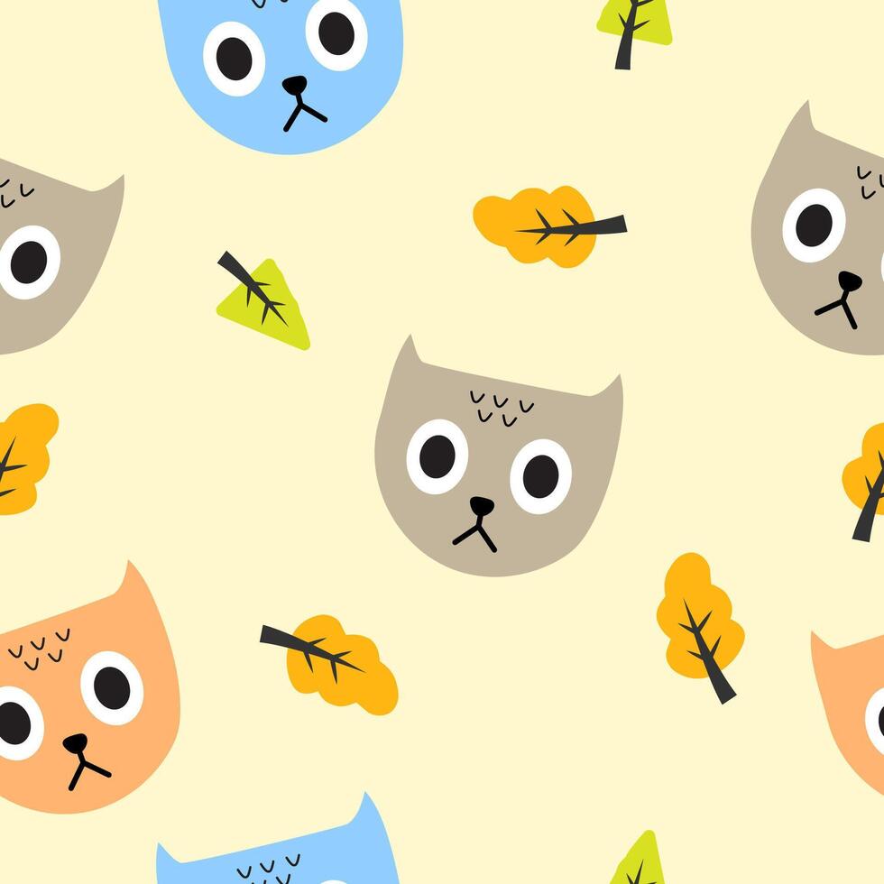 Seamless Pattern Kawaii Cute Cat, Cartoon Animals Background, Vector Illustration
