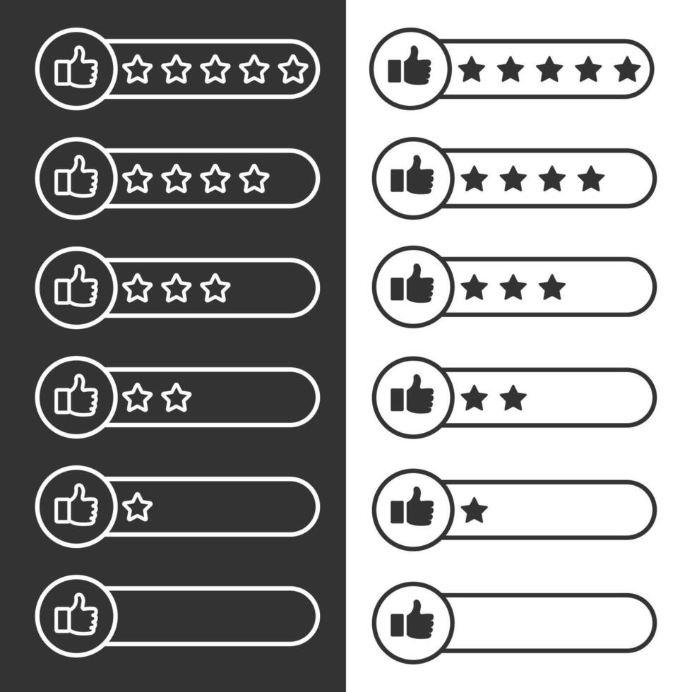 Set of customer review icons in line style, quality rating vector illustration isolated on white and black background, feedback, five stars business concept.