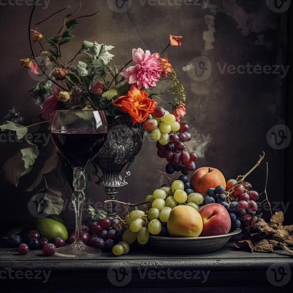 ai generado imperial todavía vida, presentando un vaso de rojo vino, un generosidad de Fresco fruta, y un clásico florero desbordante con flores foto