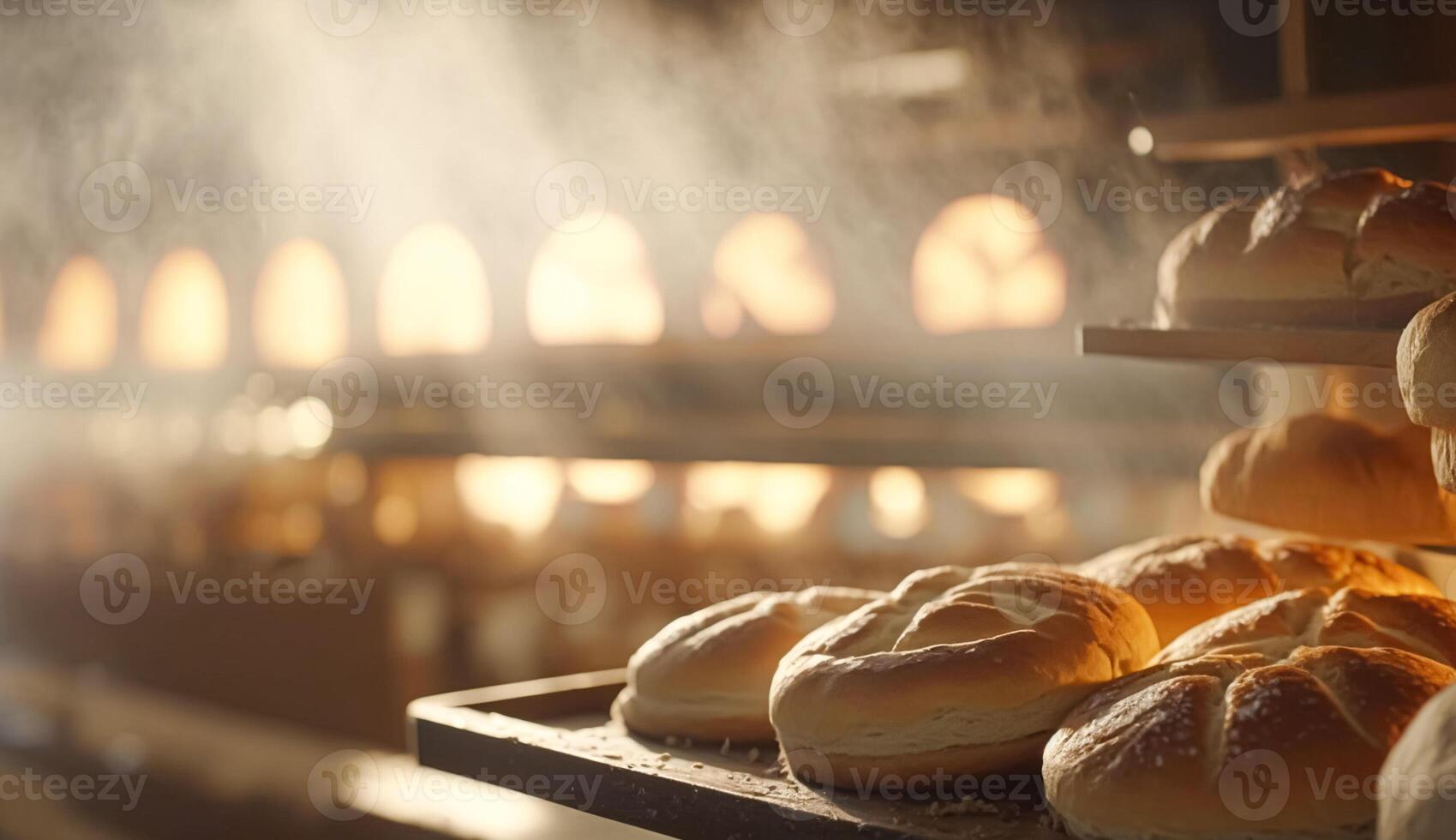 AI generated Bakery with hot fresh bread and pastry baking in the old town bakery, freshly baked products on shelves and the oven, small local business and food production photo