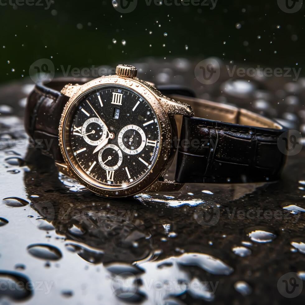 AI generated Waterproof luxury mens watch on the stone under the rain, commercial concept, bespoke water resistant design, generative ai photo