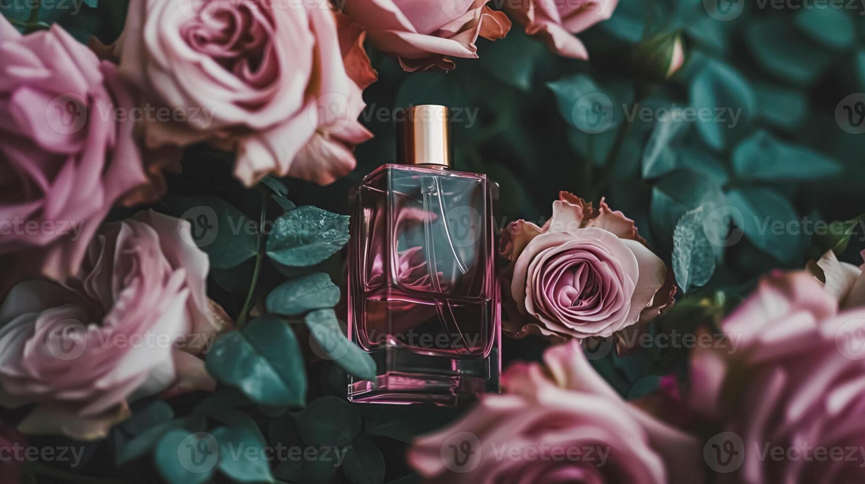 ai generado perfume botella en flores, fragancia en floreciente fondo, floral olor y cosmético producto foto