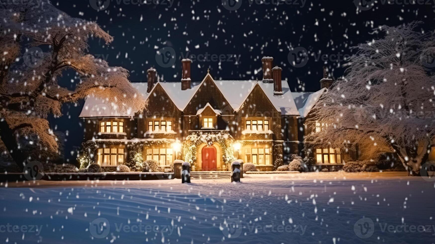 ai generado Navidad en el campo señorío, Inglés país casa mansión decorado para Días festivos en un Nevado invierno noche con nieve y fiesta luces, alegre Navidad y contento Días festivos foto