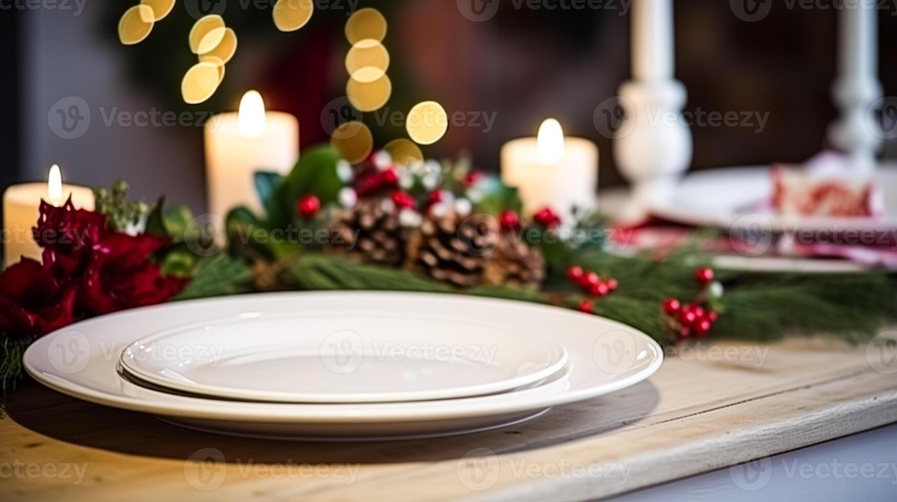 AI generated Dishware and crockery set for winter holiday family dinner, Christmas homeware decor for holidays in the English country house, gift set and home styling photo