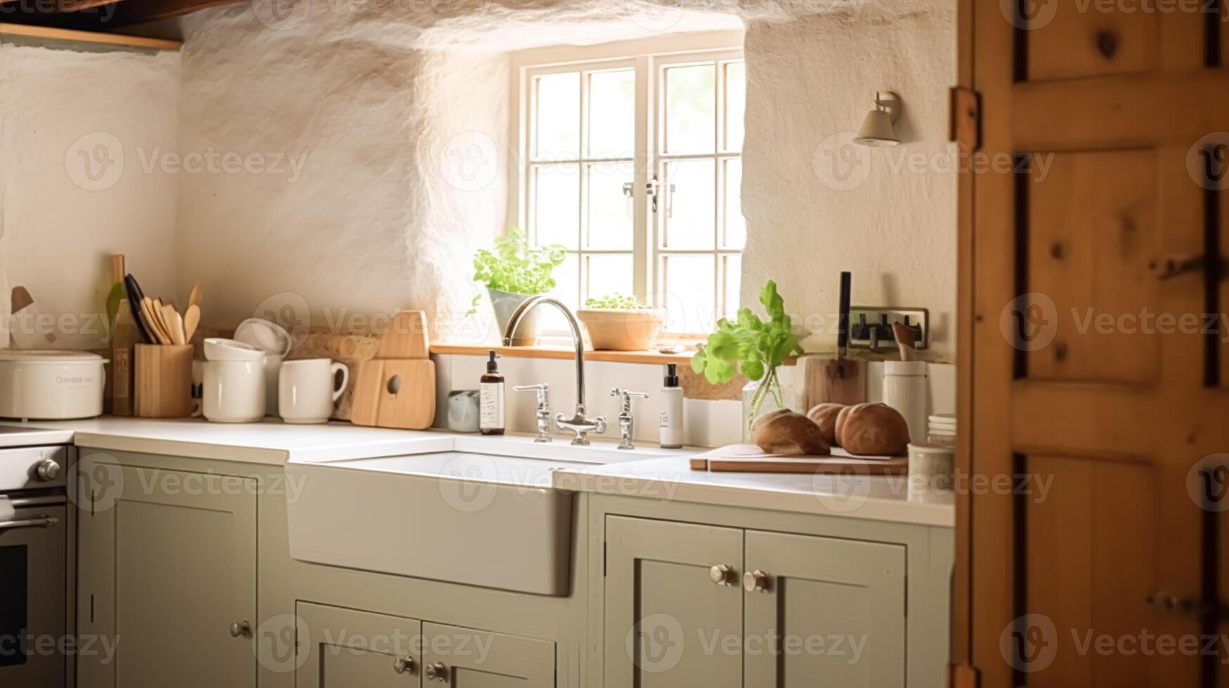 AI generated Farmhouse kitchen decor and interior design, English in frame kitchen cabinets in a country house, elegant cottage style photo