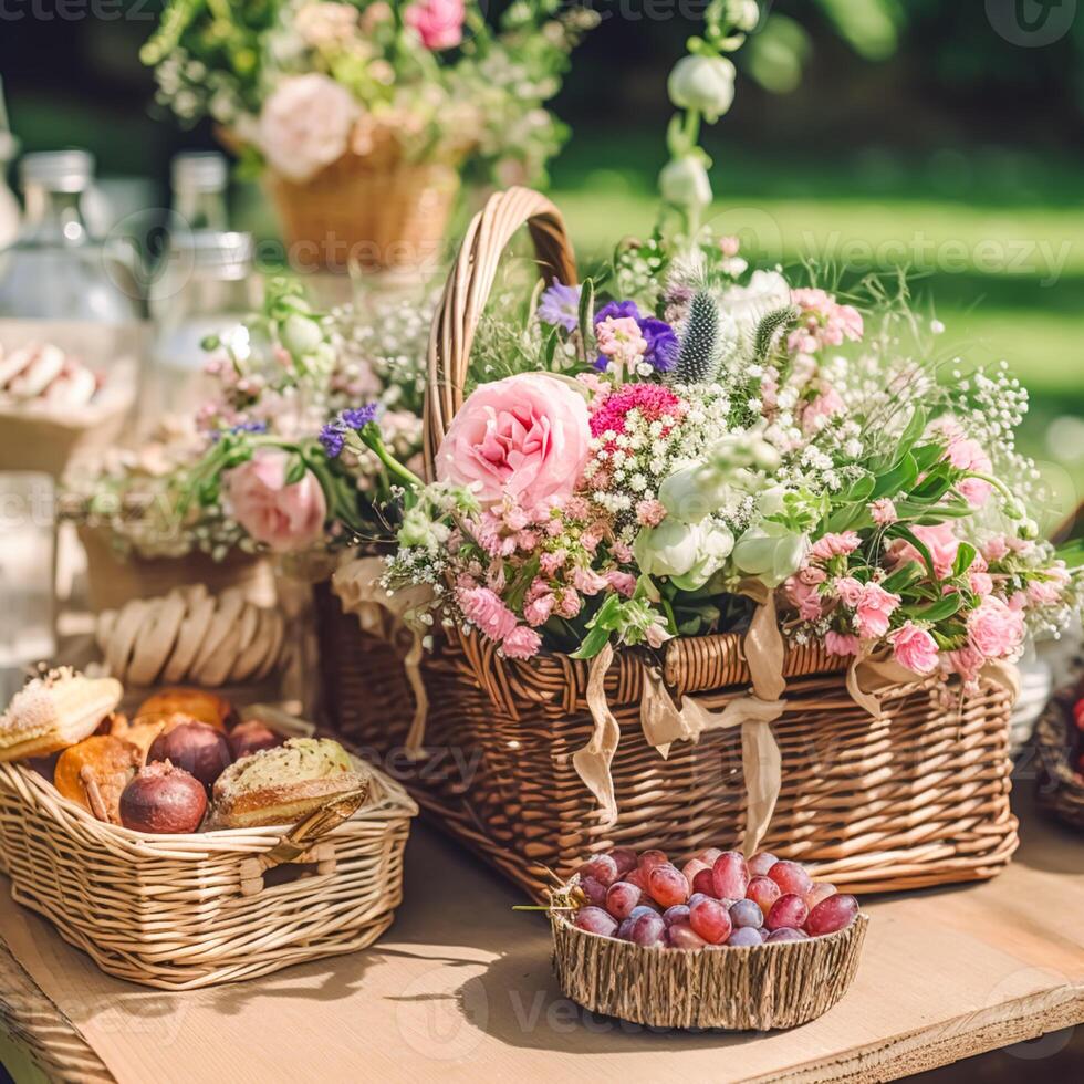 AI generated Summer garden harvest, farmers market and country buffet table, cakes and desserts in wicker basket in the garden, food catering for wedding and holiday celebration, floral decor photo