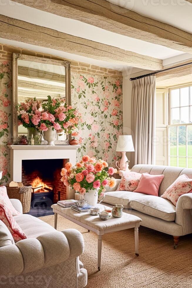 AI generated Neutral cottage sitting room with fireplace, living room interior design and country house home decor, sofa and lounge furniture, English countryside style photo