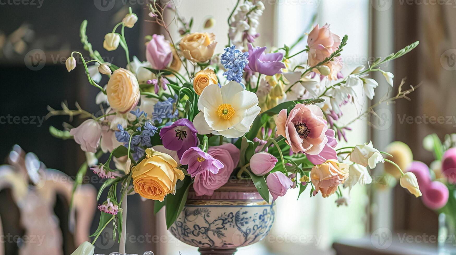 AI generated Spring flowers in vintage vase, beautiful floral arrangement, home decor, wedding and florist design photo