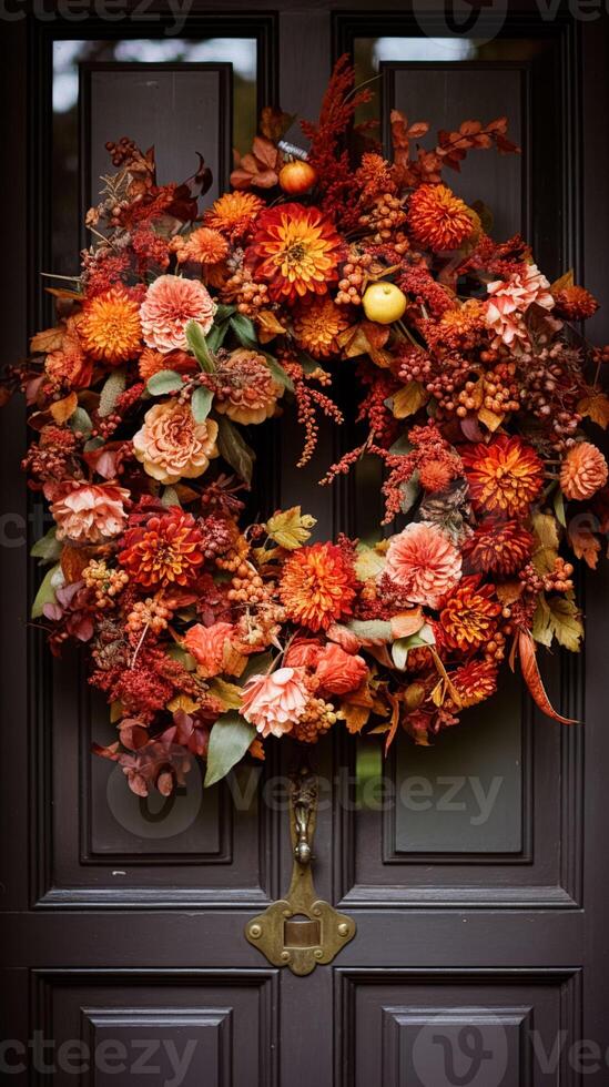 AI generated Autumn wreath decoration, autumn holiday season in the English countryside style, botanical autumnal decor photo