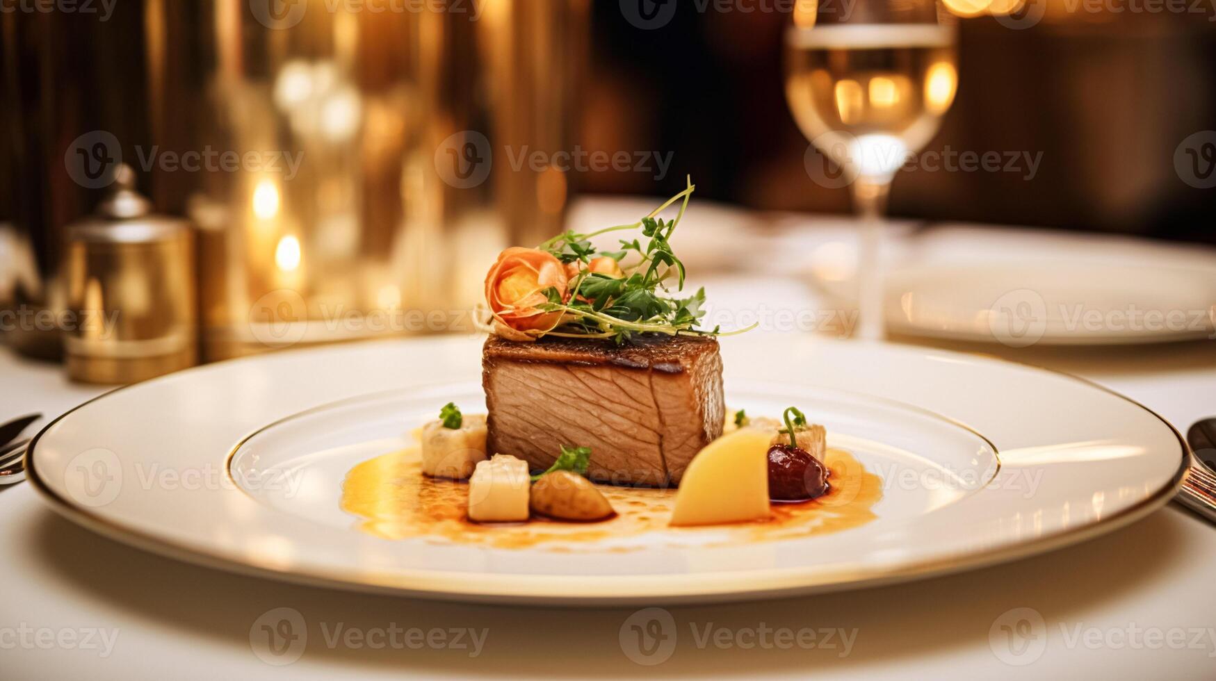 AI generated Exquisite main course meal at a luxury restaurant, wedding food catering and English cuisine photo