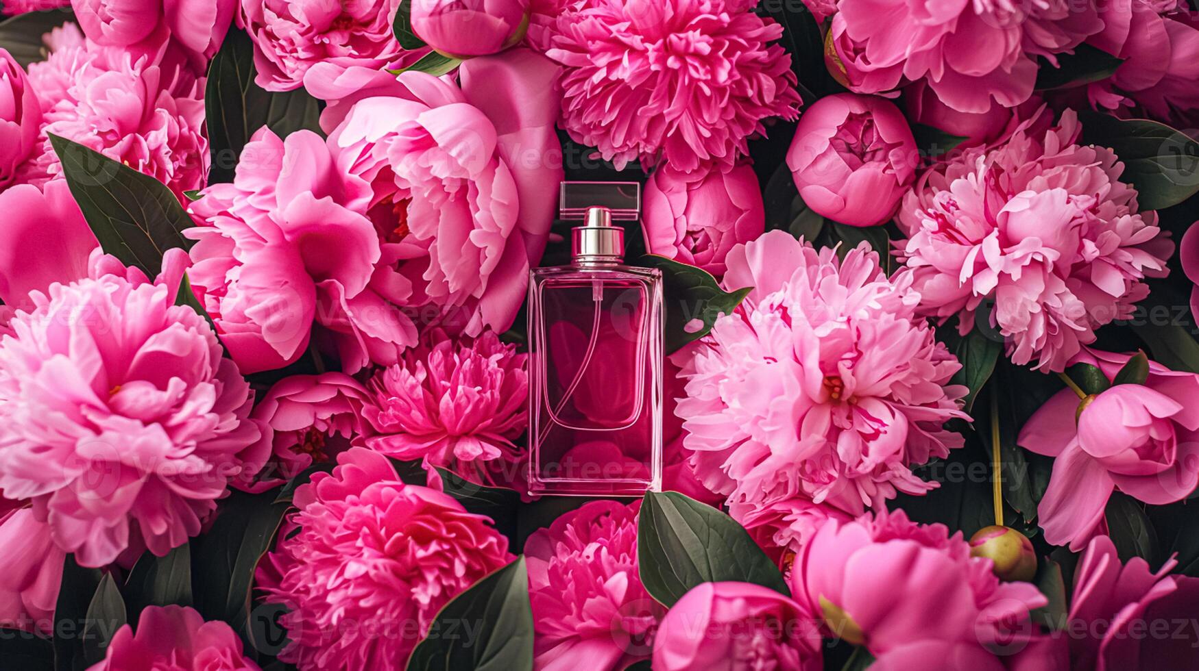 AI generated Perfume bottle in flowers, fragrance on blooming background, floral scent and cosmetic product photo