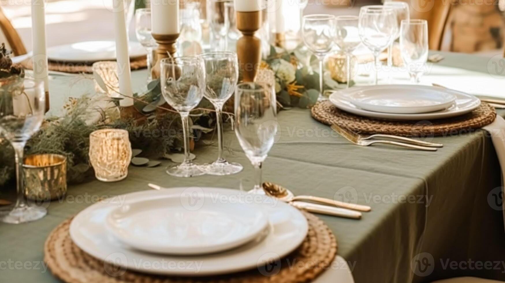 AI generated Sage green holiday tablescape, formal dinner table setting, table scape with decoration for wedding party and event celebration, generative ai photo