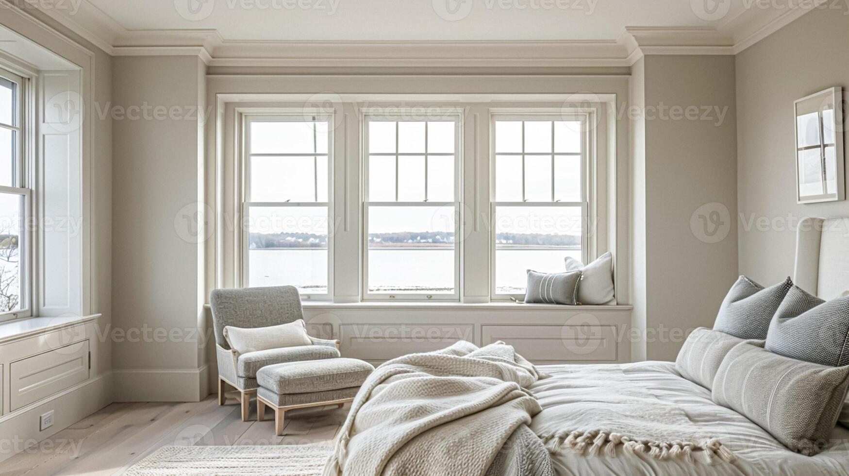 AI generated White coastal cottage bedroom decor, interior design and home decor, bed with elegant bedding and bespoke furniture, English country house and holiday rental photo