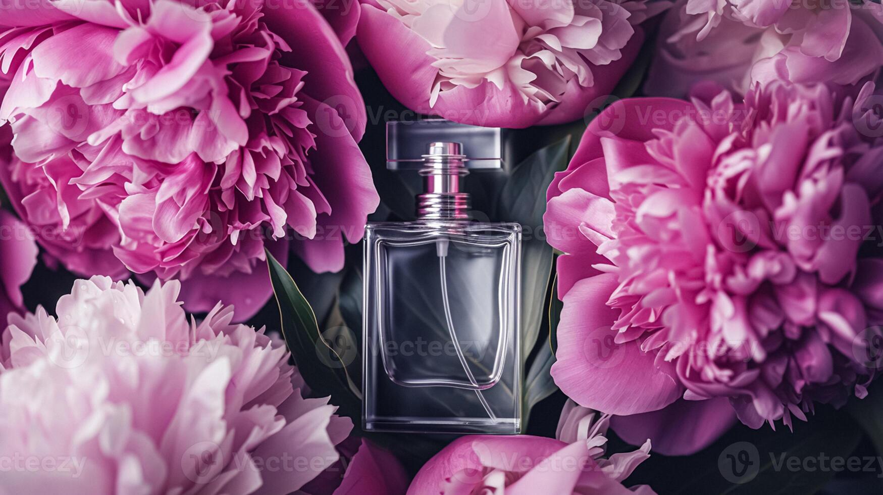 AI generated Perfume bottle in flowers, fragrance on blooming background, floral scent and cosmetic product photo