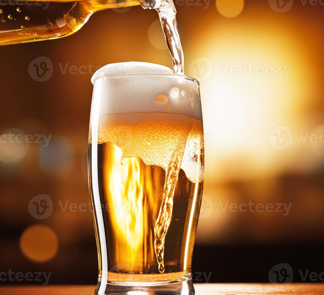 AI generated Glass of cold beer with foam, pint of original premium beer drink, alcohol flavour and holiday celebration photo