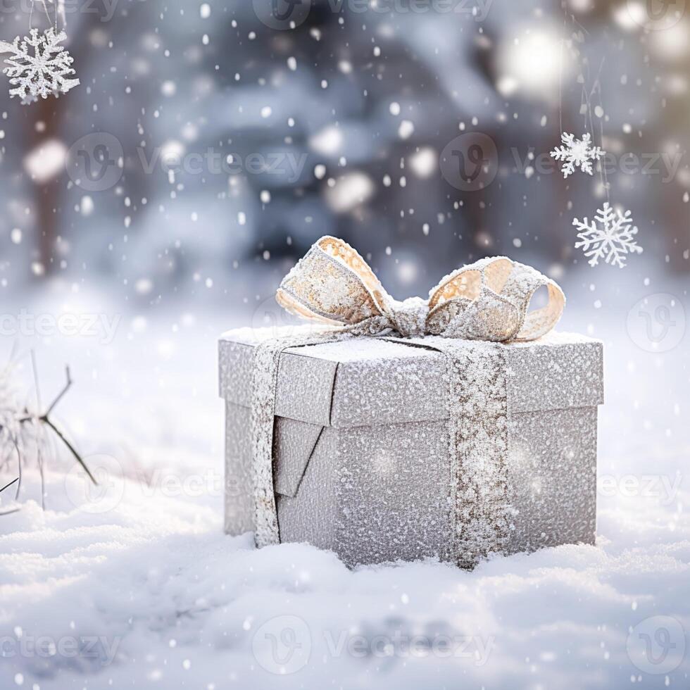 ai generado Navidad fiesta regalo y presente, regalo caja en el nieve en nevada invierno campo naturaleza para boxeo día, Días festivos compras rebaja foto