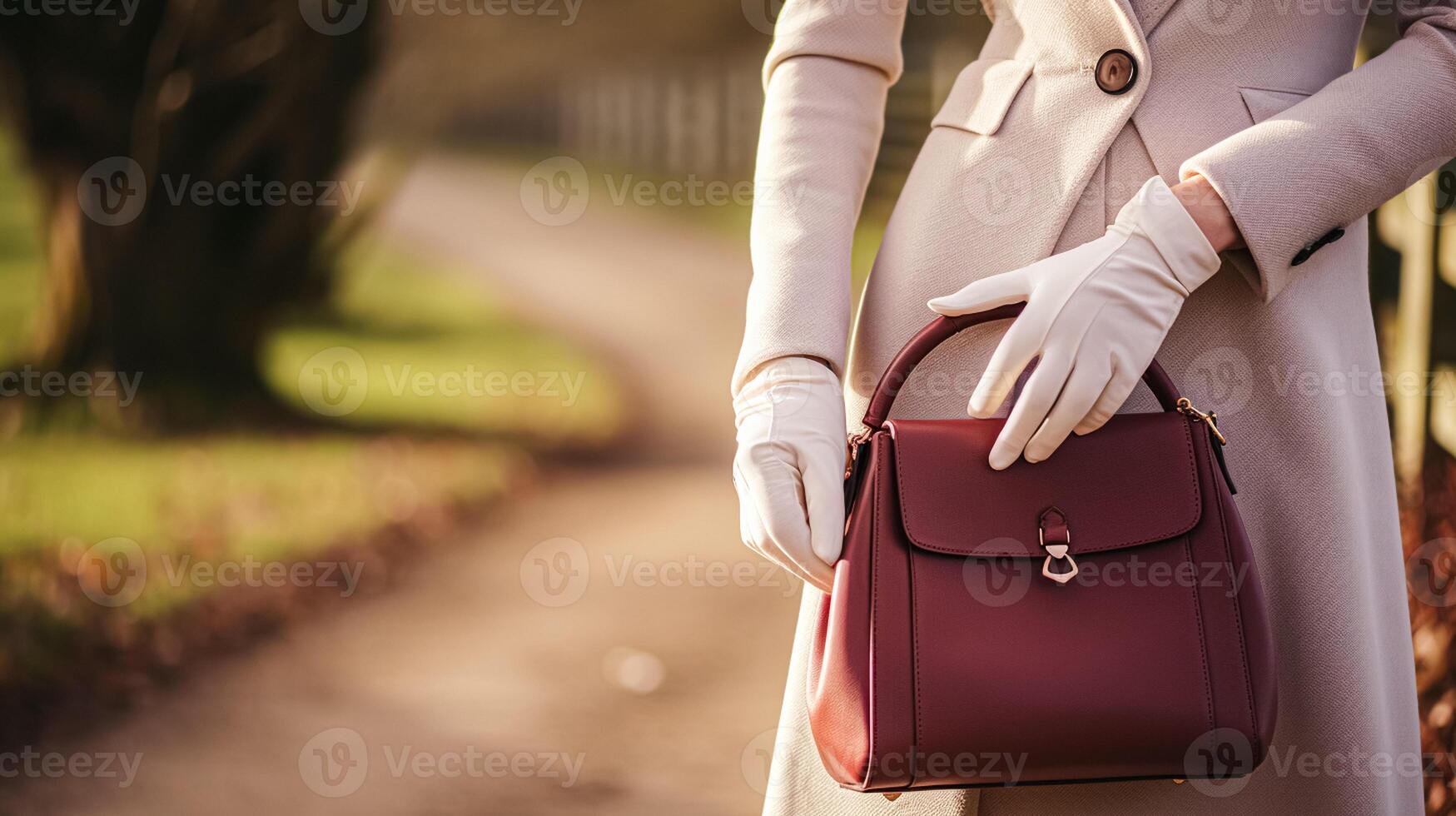 AI generated Fashion, accessory and style, autumn winter womenswear clothing collection, woman wearing elegant clothes, gloves and handbag, English countryside look photo