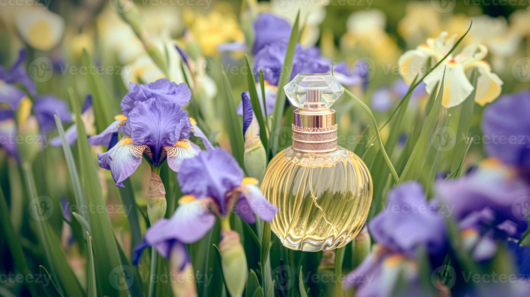 AI generated Perfume bottle in flowers, fragrance on blooming background, floral scent and cosmetic product photo