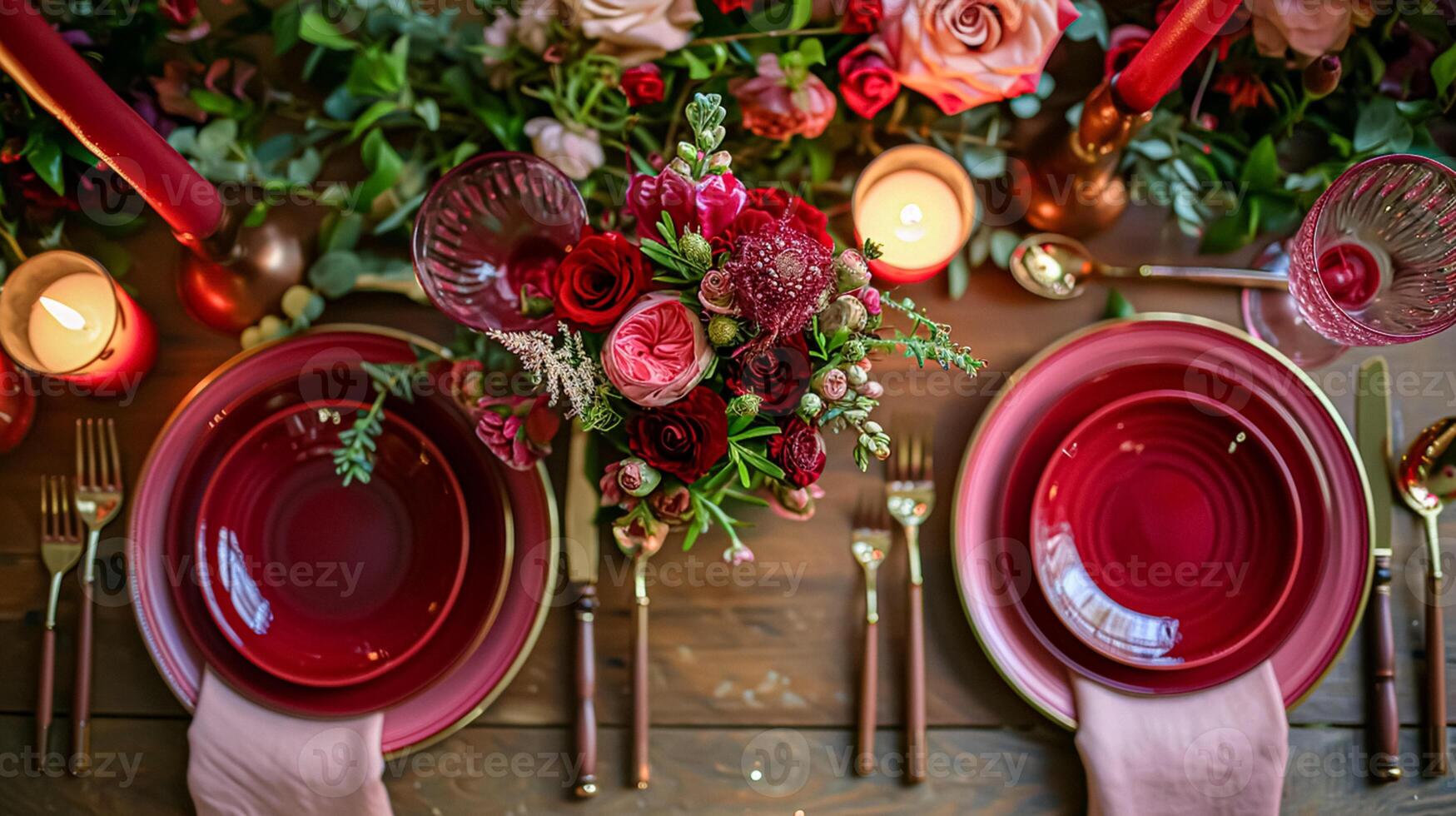 AI generated Valentines day tablescape and table decor, romantic table setting with flowers, formal dinner and date, beautiful cutlery and tableware photo