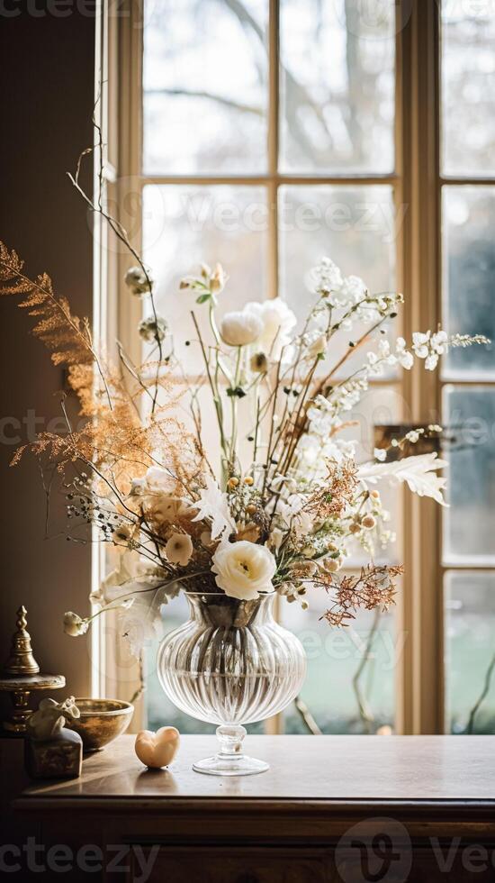 AI generated Floral arrangement with winter, autumn or early spring botanical plants and flowers photo