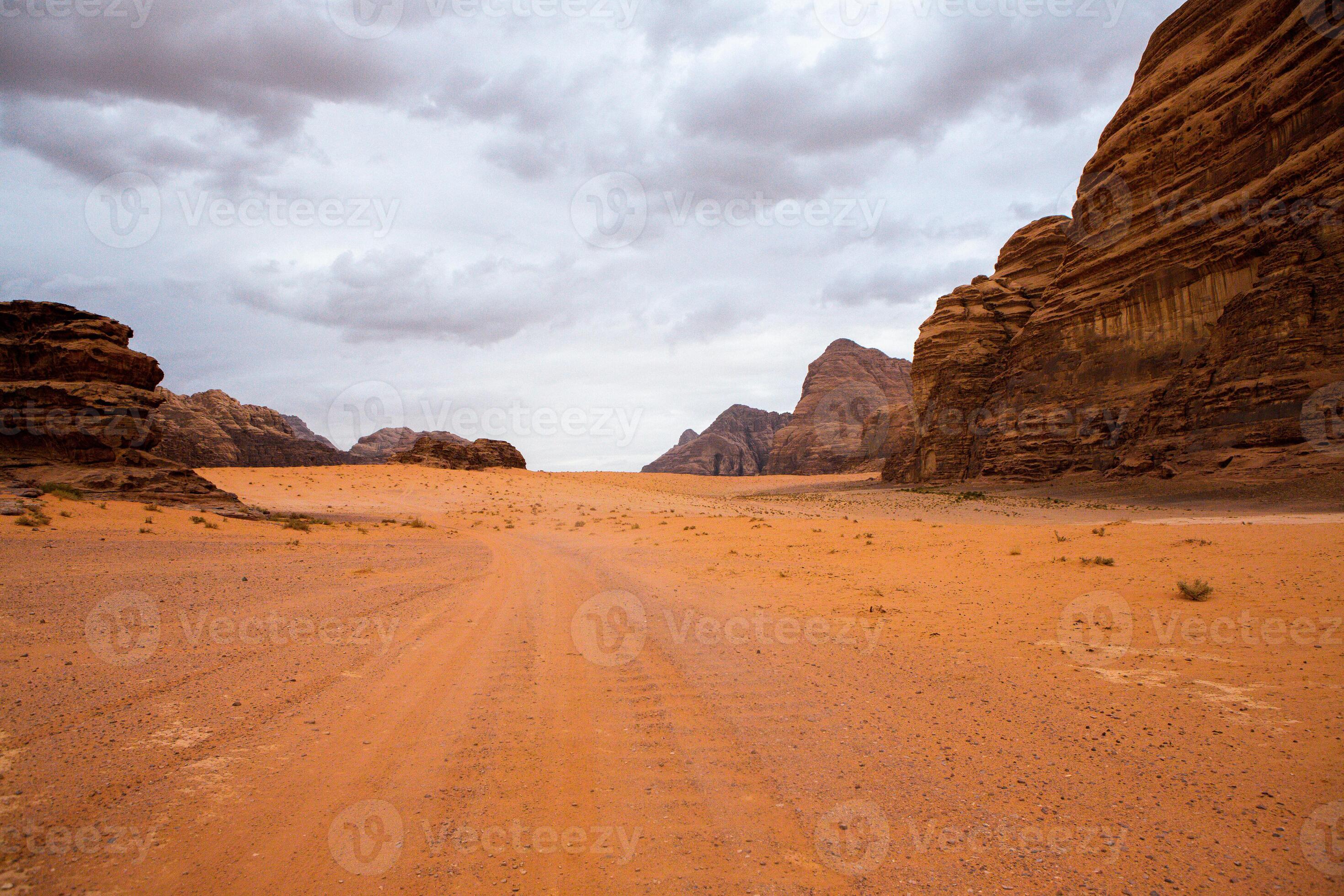 Wadi Rum Desert in Jordan. On the Sunset. Panorama of beautiful sand