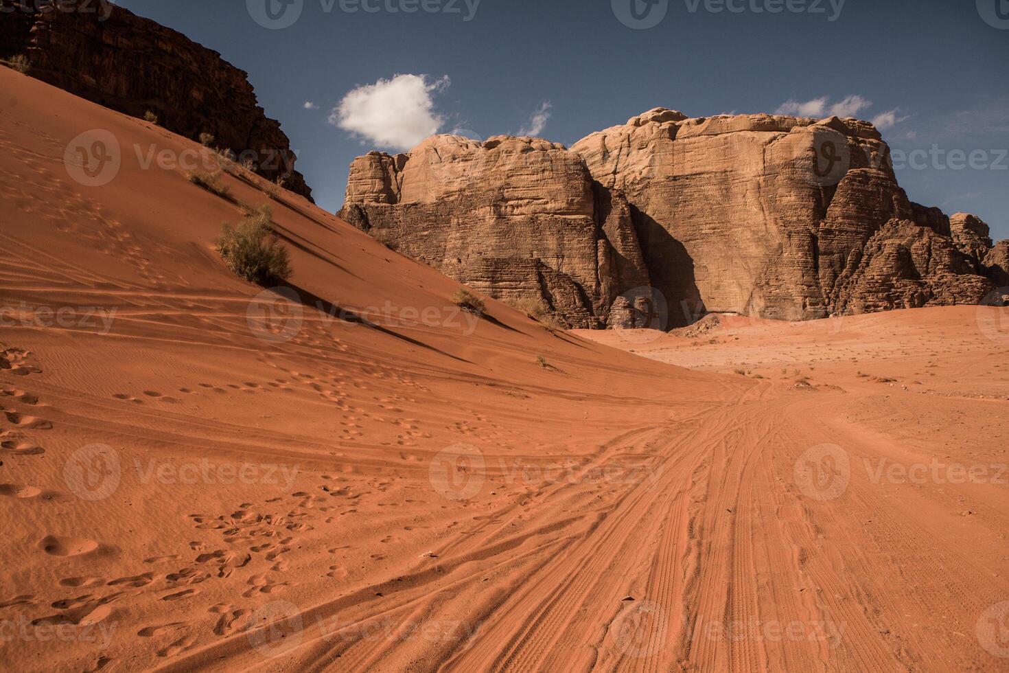 Wadi Rum Desert in Jordan. On the Sunset. Panorama of beautiful sand pattern on the dune. Desert landscape in Jordan. photo