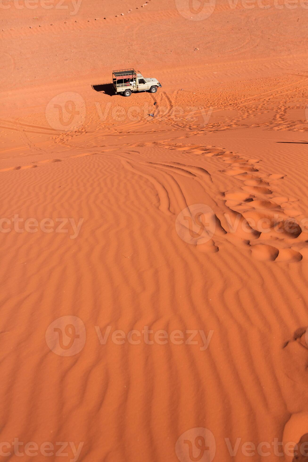 Wadi Rum Desert in Jordan. On the Sunset. Panorama of beautiful sand