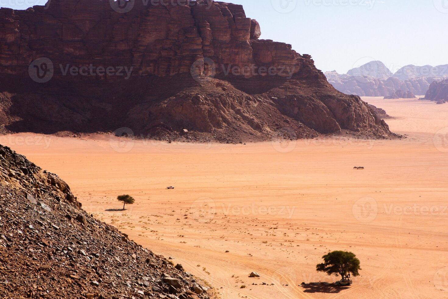 Wadi Rum Desert in Jordan. On the Sunset. Panorama of beautiful sand pattern on the dune. Desert landscape in Jordan. photo