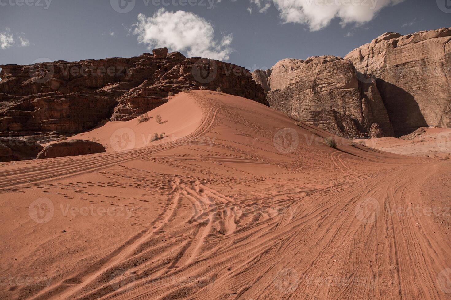 Wadi Rum Desert in Jordan. On the Sunset. Panorama of beautiful sand pattern on the dune. Desert landscape in Jordan. photo