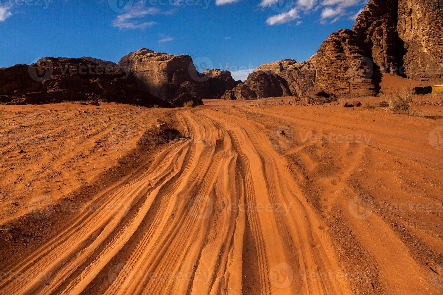 Wadi Rum Desert in Jordan. On the Sunset. Panorama of beautiful sand pattern on the dune. Desert landscape in Jordan. photo