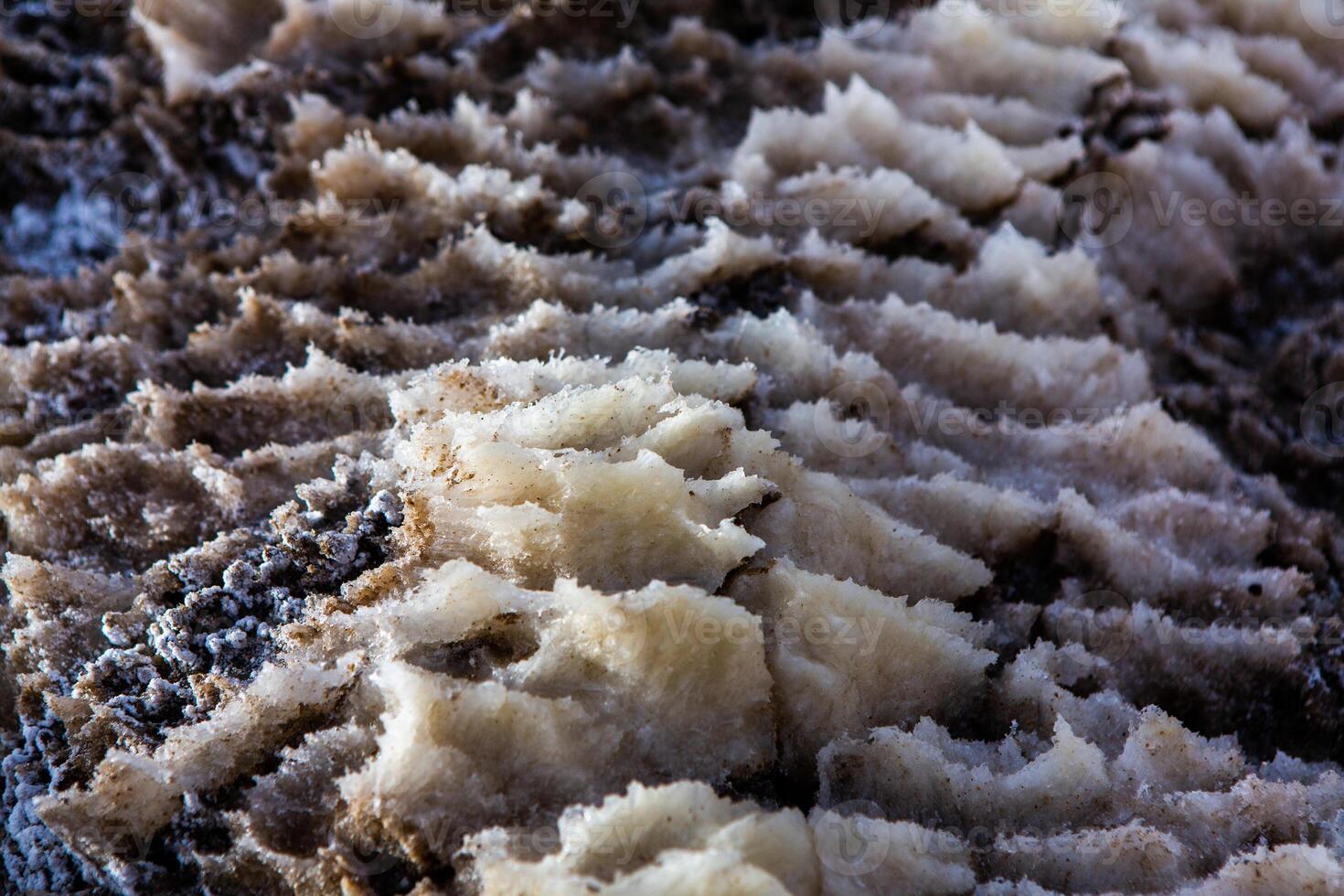 ver de muerto mar línea costera a puesta de sol hora en Jordán. sal cristales a puesta de sol. muerto mar paisaje con mineral estructuras foto