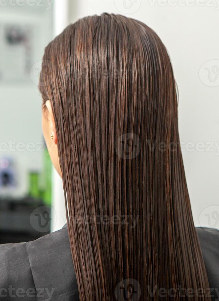 retrato de un hermosa mujer con largo marrón Derecho pelo en un belleza salón. foto
