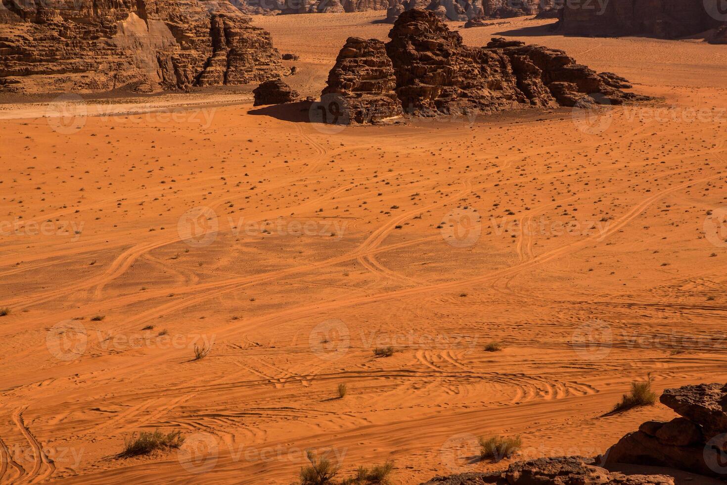 Wadi Rum Desert in Jordan. On the Sunset. Panorama of beautiful sand pattern on the dune. Desert landscape in Jordan. photo