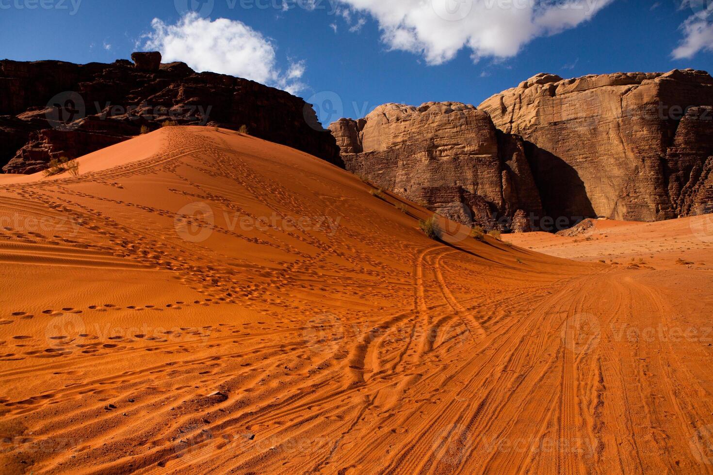 Wadi Rum Desert in Jordan. On the Sunset. Panorama of beautiful sand pattern on the dune. Desert landscape in Jordan. photo