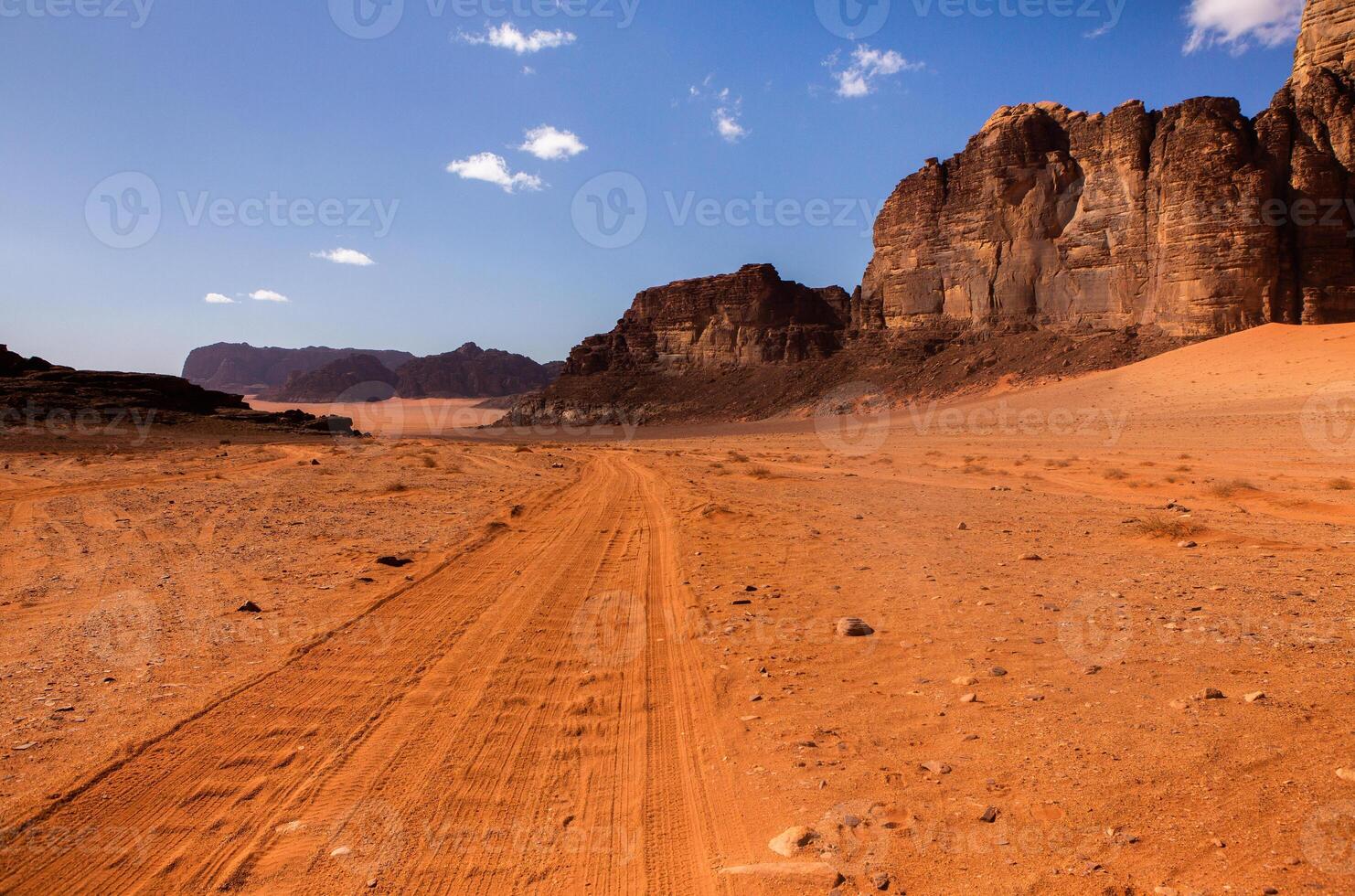 Wadi Rum Desert in Jordan. On the Sunset. Panorama of beautiful sand pattern on the dune. Desert landscape in Jordan. photo