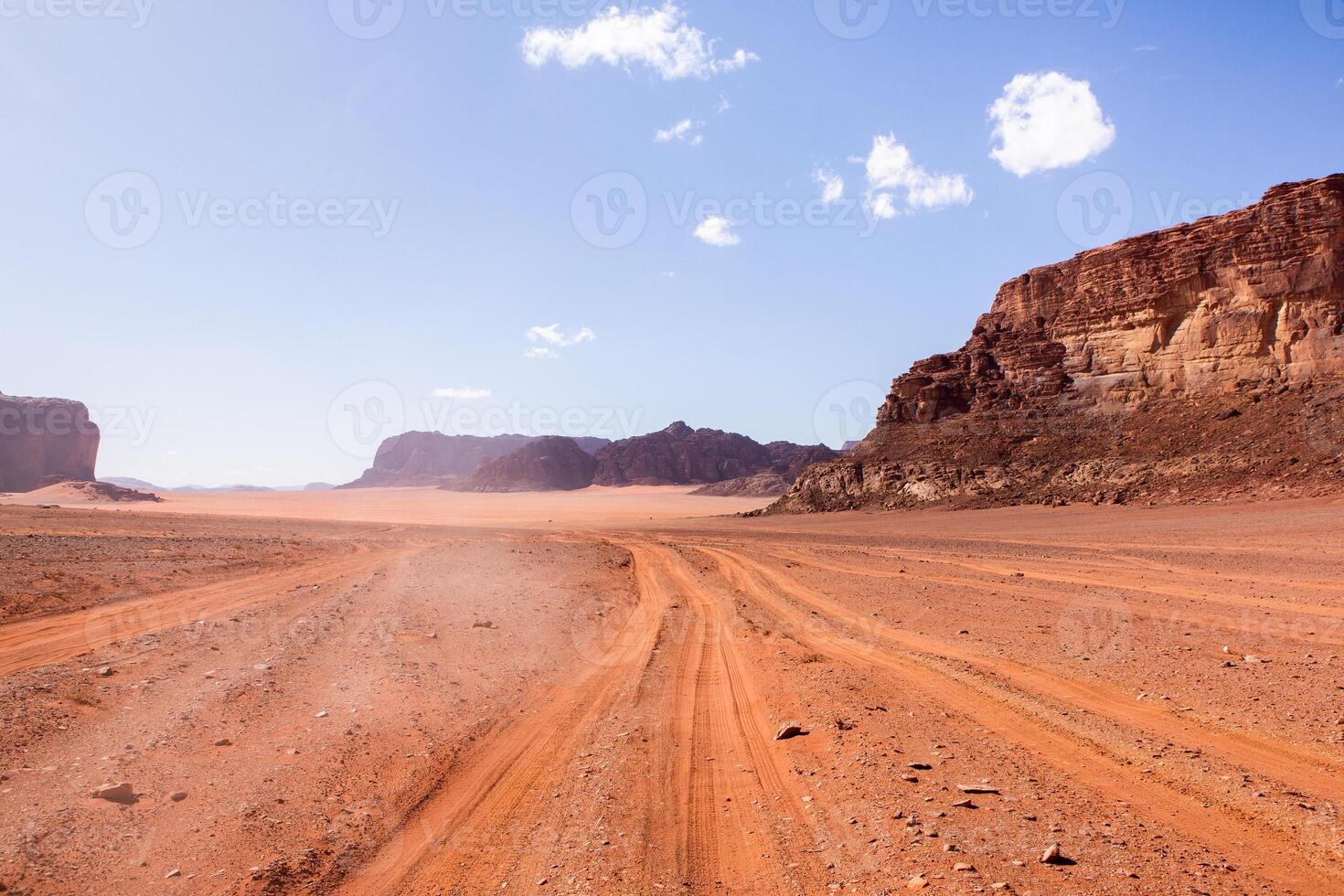 Wadi Rum Desert in Jordan. On the Sunset. Panorama of beautiful sand pattern on the dune. Desert landscape in Jordan. photo