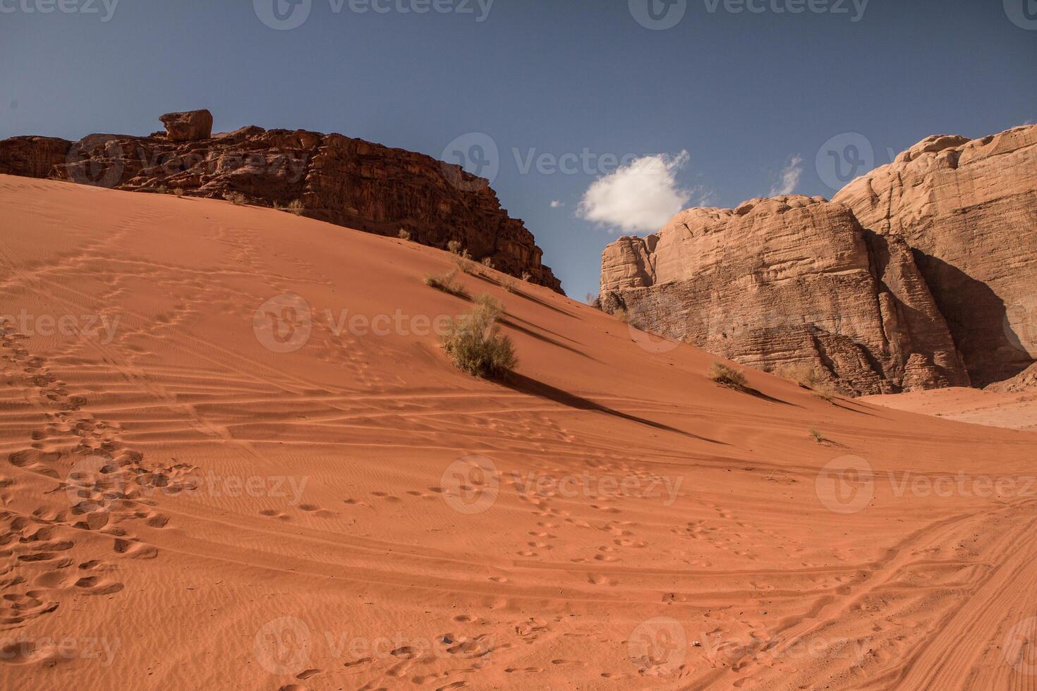 Wadi Rum Desert in Jordan. On the Sunset. Panorama of beautiful sand pattern on the dune. Desert landscape in Jordan. photo