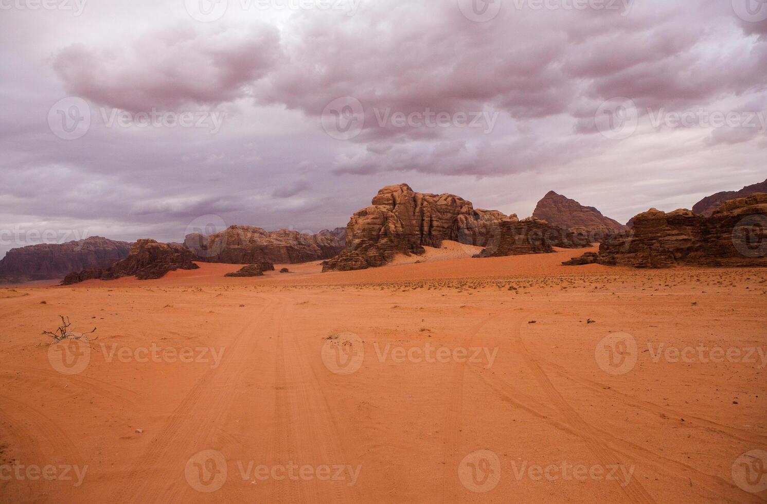 Wadi Rum Desert in Jordan. On the Sunset. Panorama of beautiful sand pattern on the dune. Desert landscape in Jordan. photo