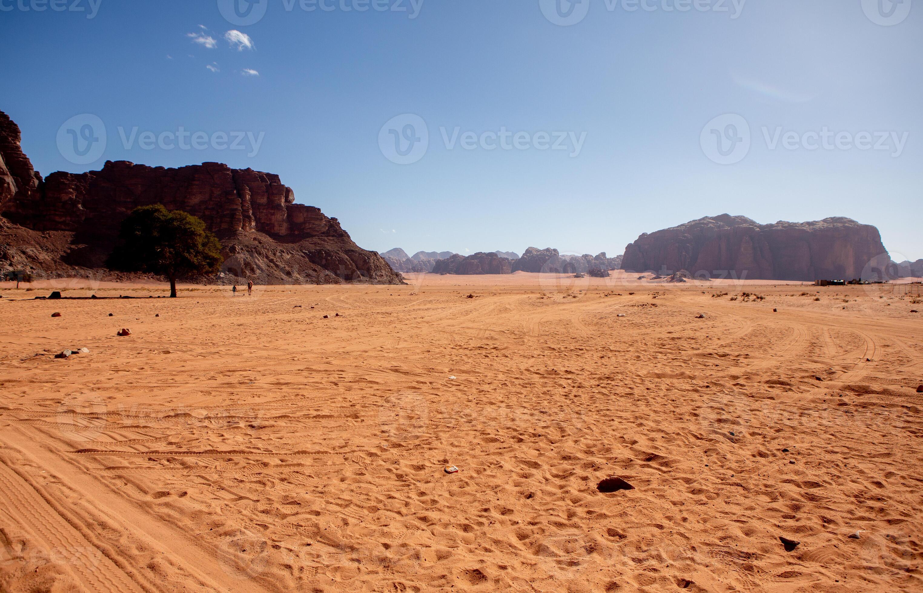 Wadi Rum Desert in Jordan. On the Sunset. Panorama of beautiful sand